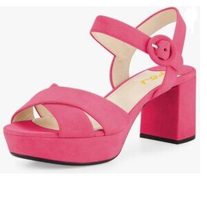 FSJ Hot Pink Peep Toe Chunky High Heels Platform Sandals Ankle Strap Suede Shoes